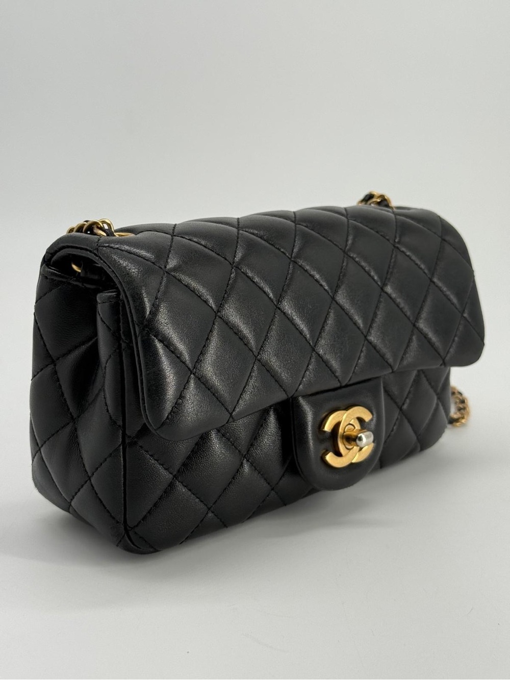 Chanel Mini Rectangular Pearl Crush Flap Black Lambskin Leather Shoulder Bag